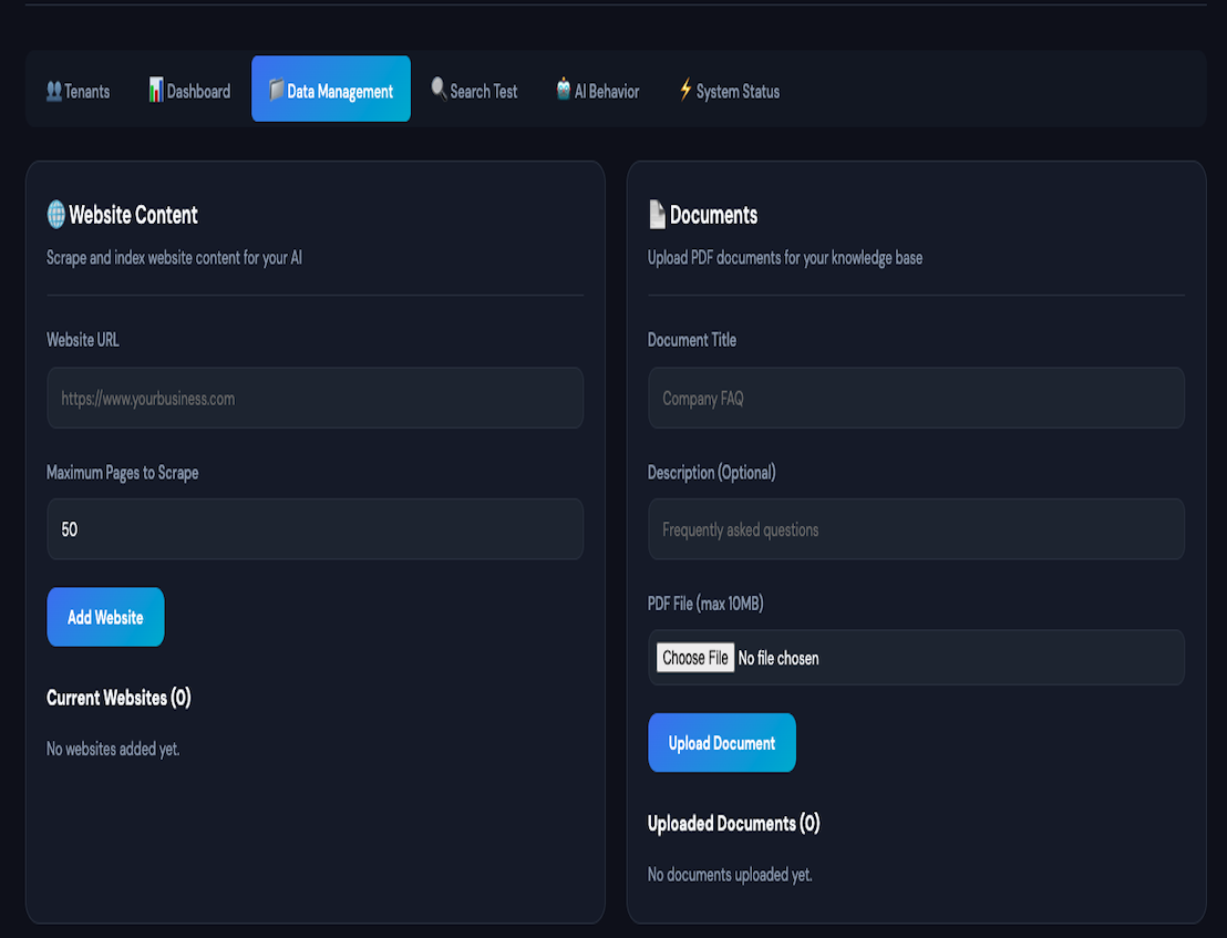 Content upload interface showing website URL and PDF document integration for training AI phone assistant